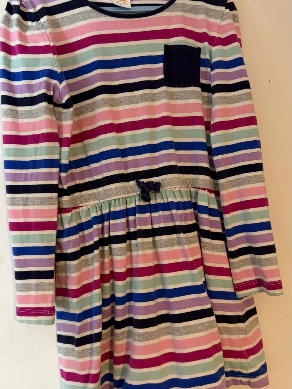 Gymboree Girls Fit & Flare LS Striped Dress M (7-8) Multicolor Pockets Bow Gymbo